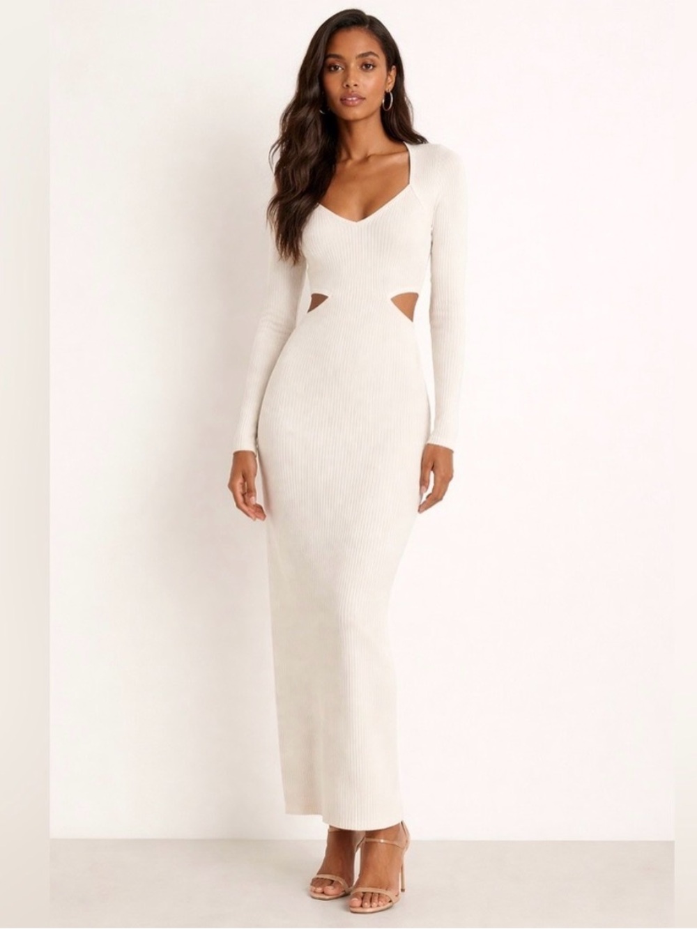 Abercrombie & Fitch Long Sleeve Cutout Maxi Dress in Cream